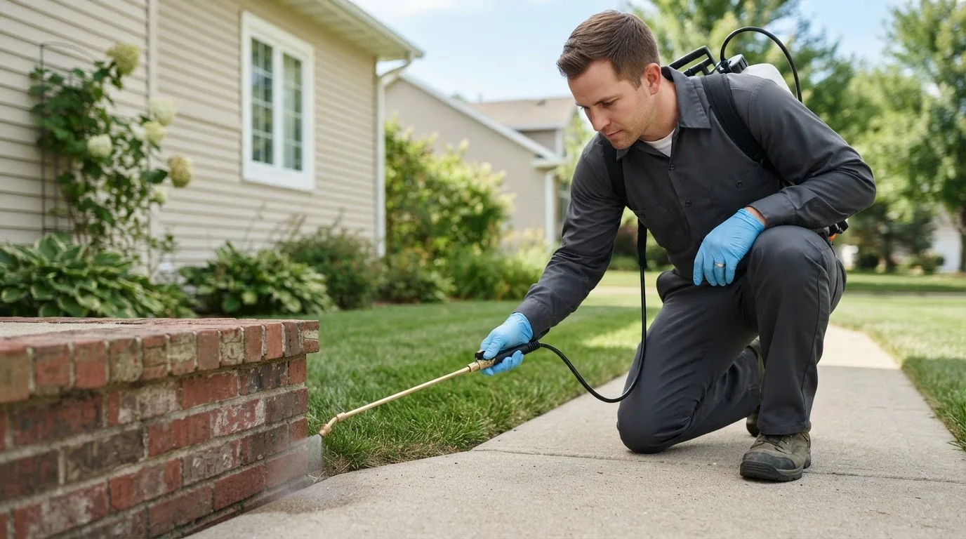 Pest control technician treating a home near Rothville, MO