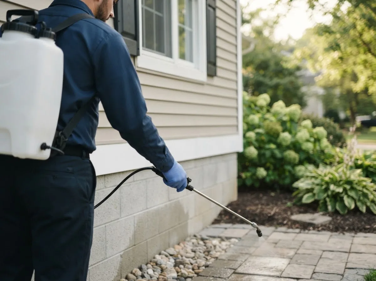 Pest control technician inspecting a home in Rothville, MO